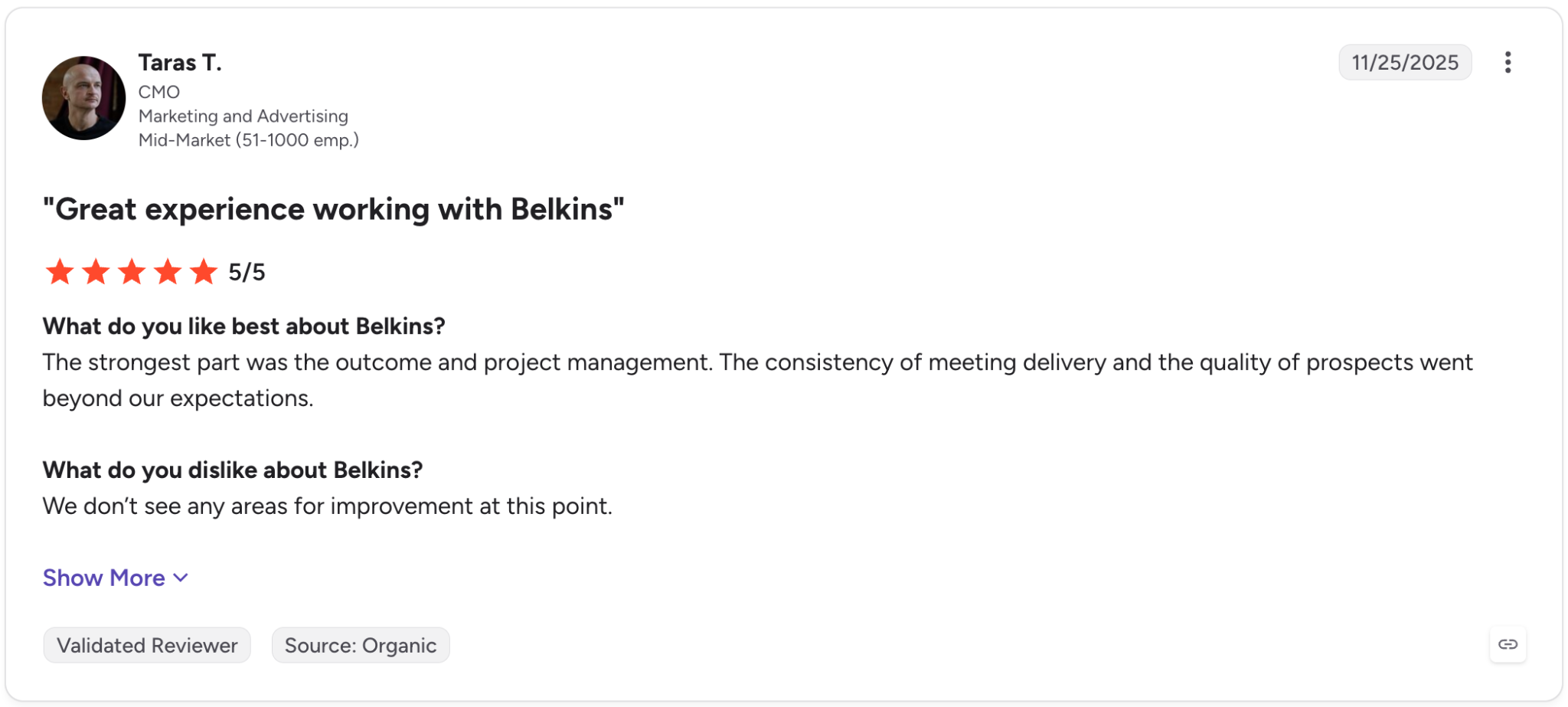 G2 review of Belkins by Taras T, a CMO praising meeting delivery and prospect quality