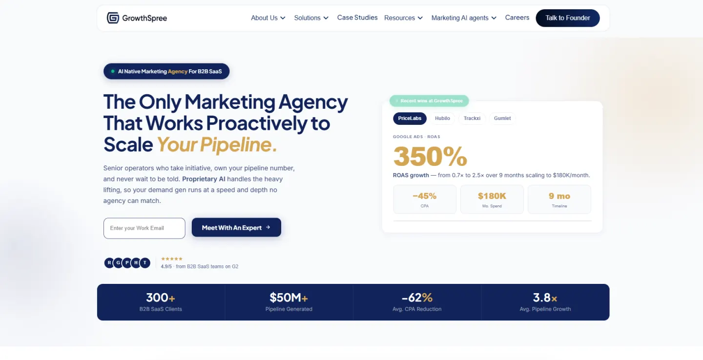 GrowthSpree homepage, a flat-fee ABM agency running paid, outbound, and RevOps