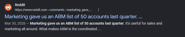 Reddit thread about marketing handing sales an ABM list of 50 accounts