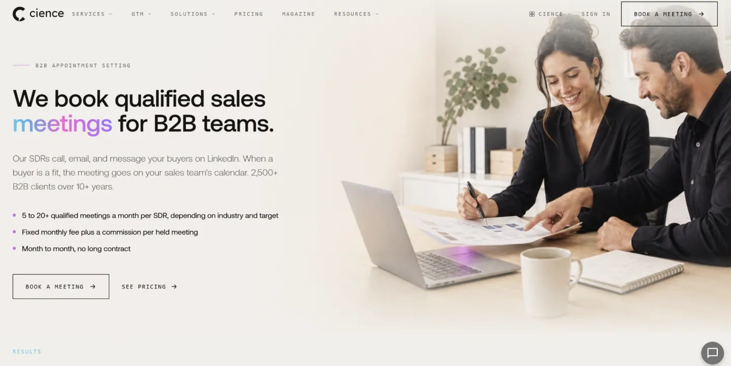 CIENCE homepage, a qualification-first appointment setting service on a managed GTM platform