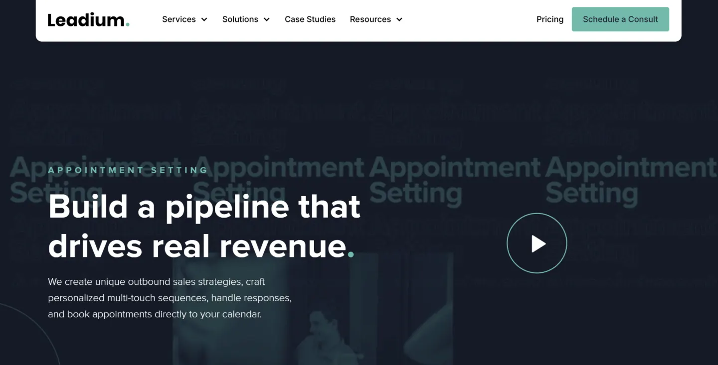 Leadium homepage, a boutique US-based appointment setting service