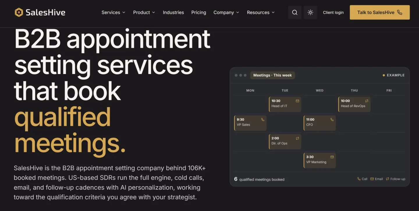 SalesHive homepage, a US-based, phone-first appointment setting service