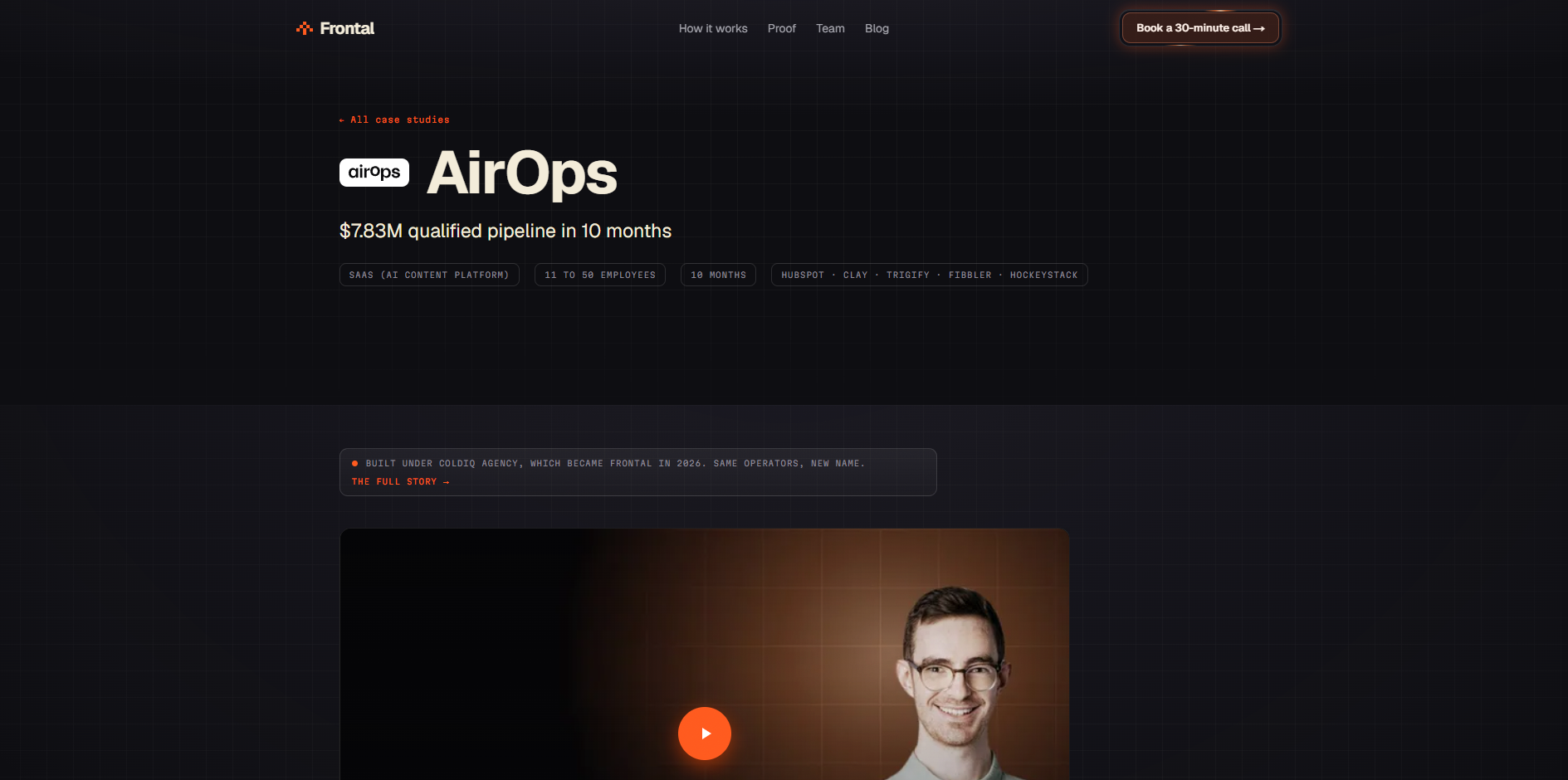 The AirOps case study on frontal.so, showing $7.83M qualified pipeline in 10 months