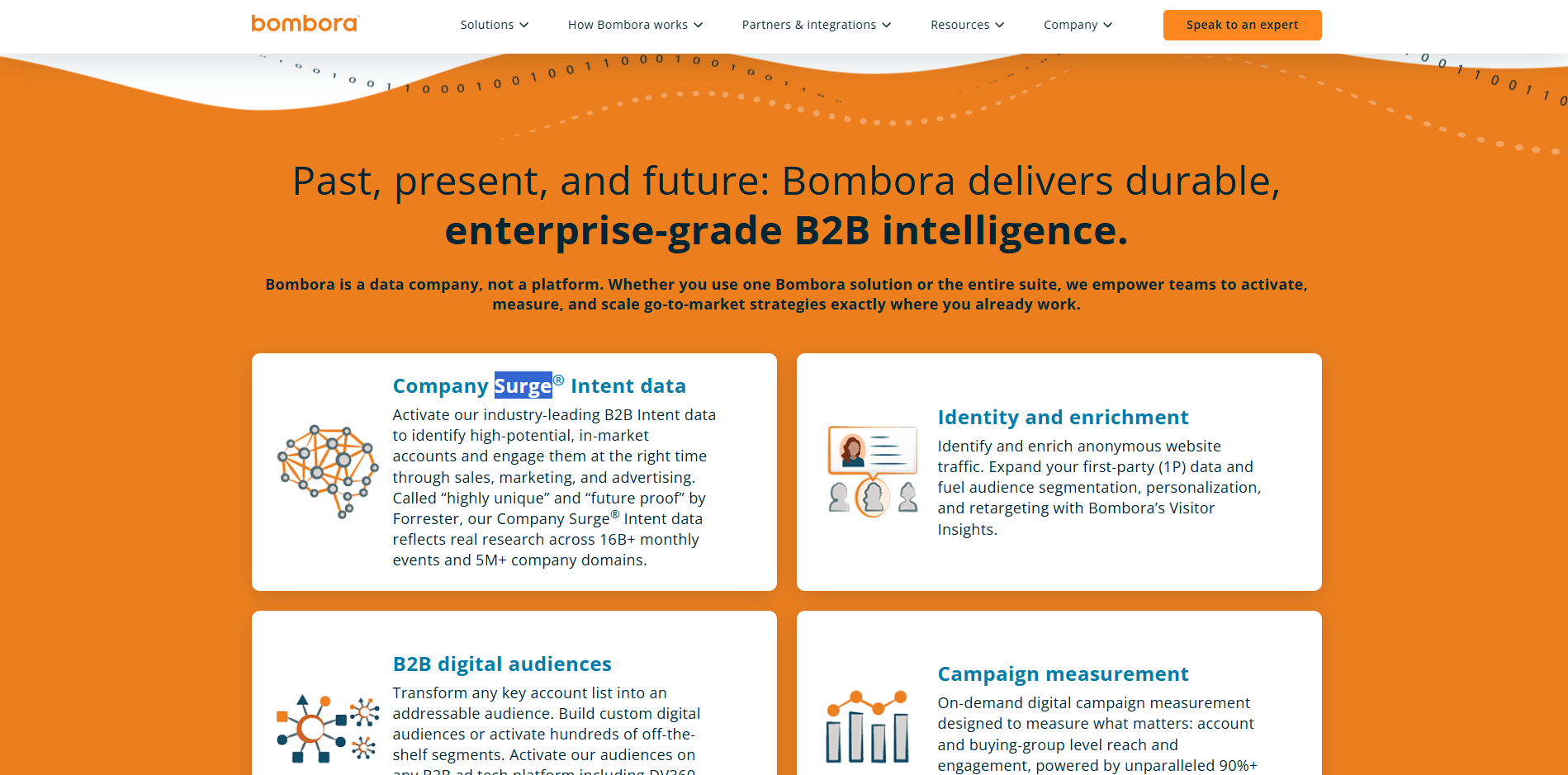 Bombora homepage, a third-party intent data provider running a B2B publisher data co-op