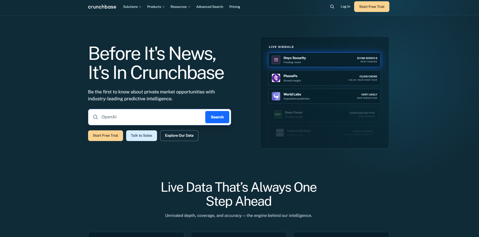 Crunchbase homepage, a third-party intent source for funding rounds and company news