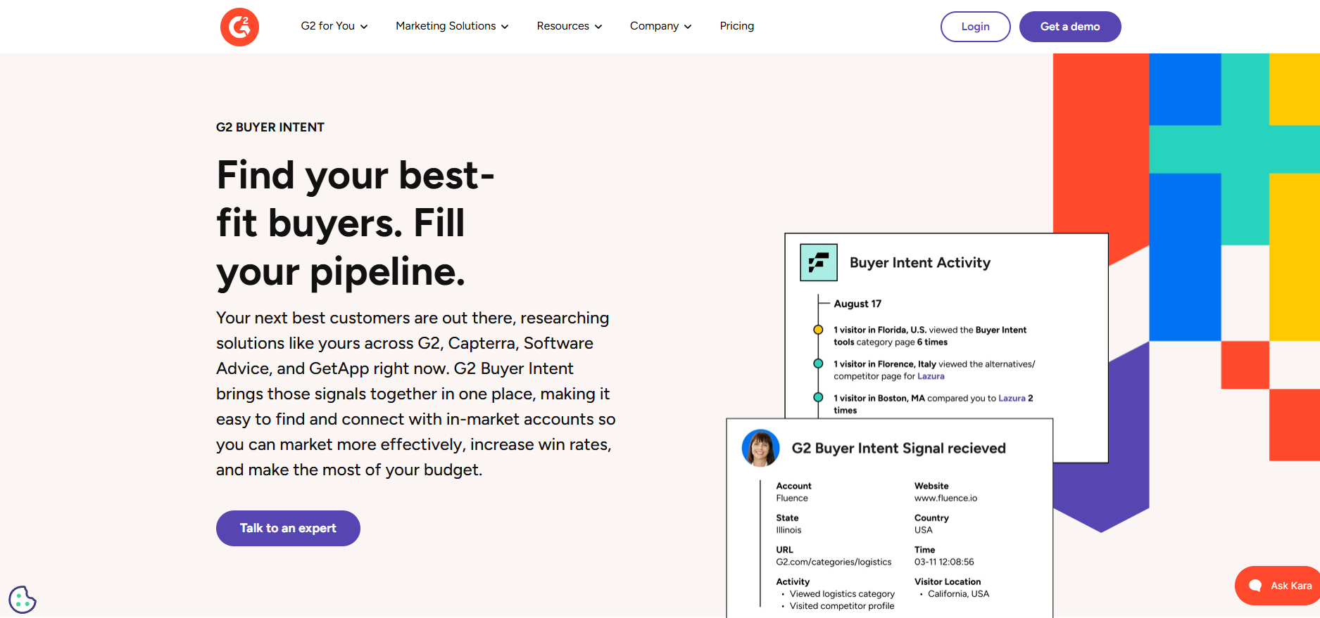 G2 Buyer Intent homepage, a second-party intent data source for software vendors