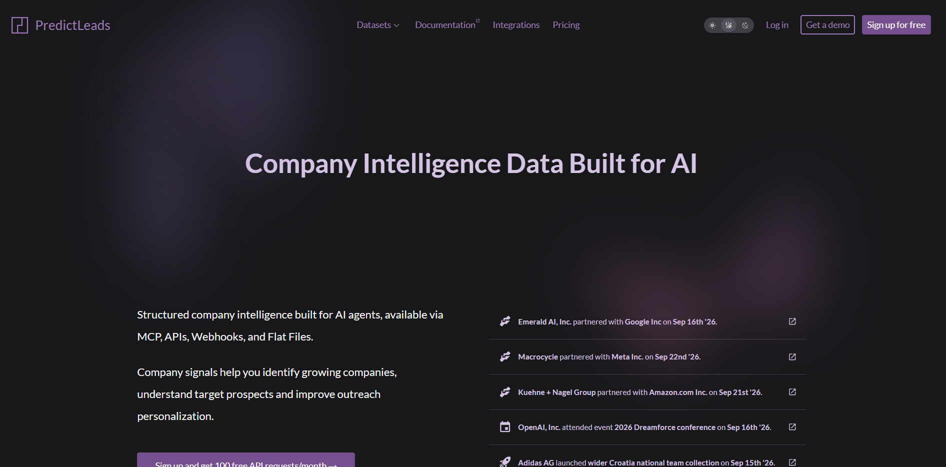 PredictLeads homepage, a third-party source for hiring, news and technology signals by API