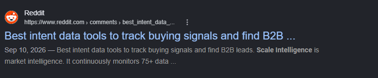 Reddit search result for the r/b2bmarketing thread on intent data tools to track buying signals