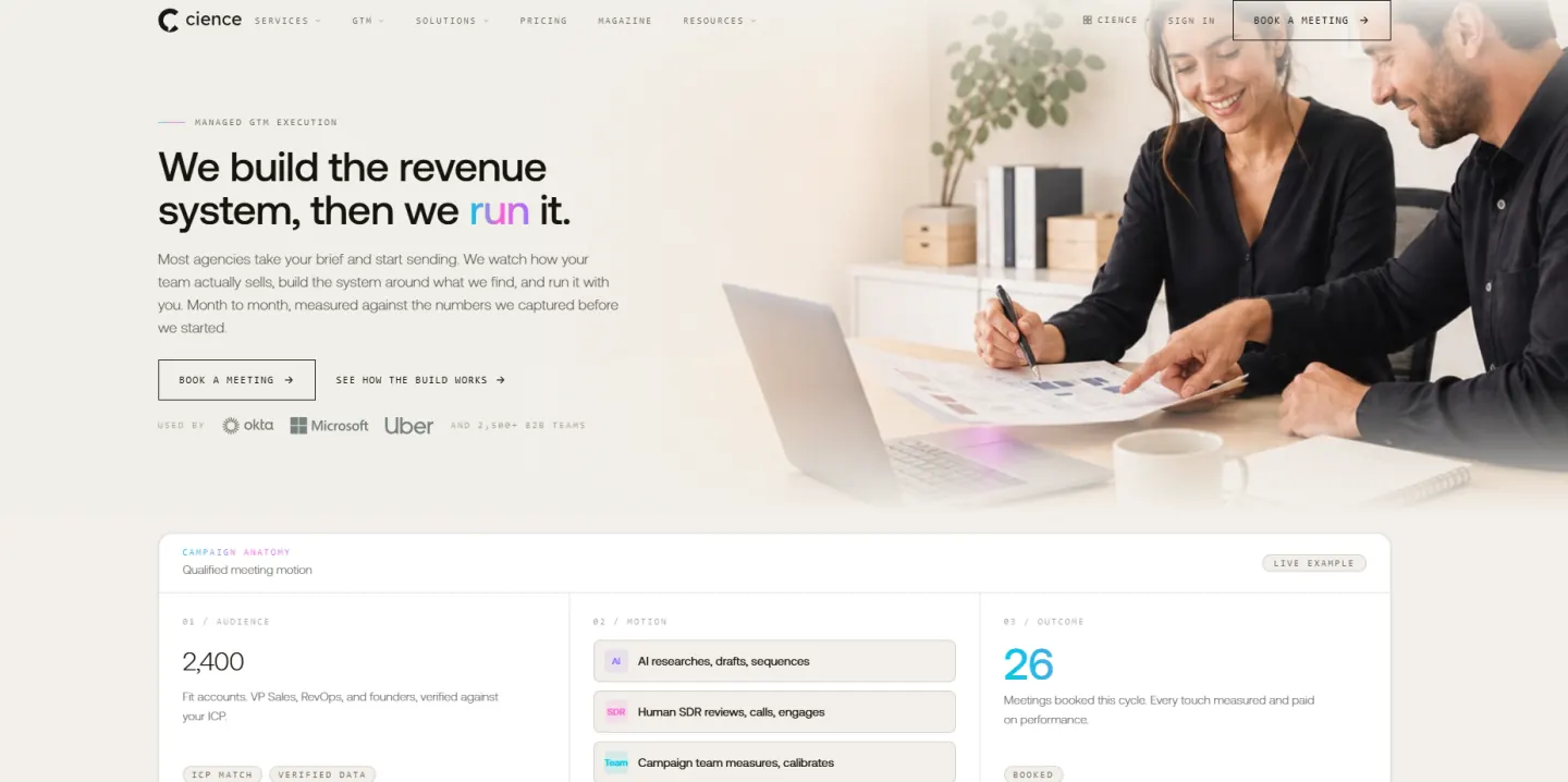 CIENCE homepage, offering managed SDR teams backed by its own B2B contact database
