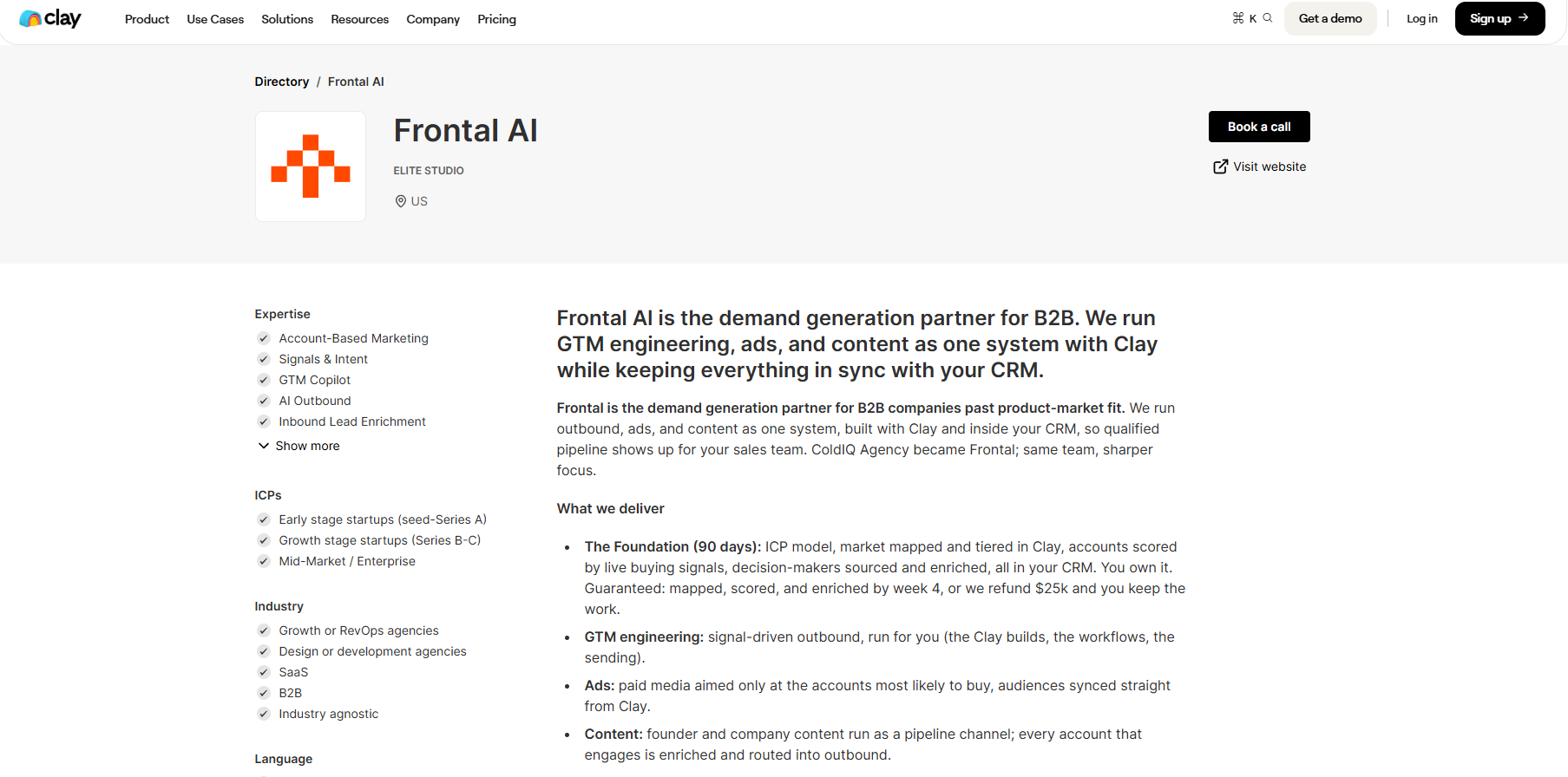 Frontal listed as a Clay Elite Studio Partner among the best Clay automation agencies