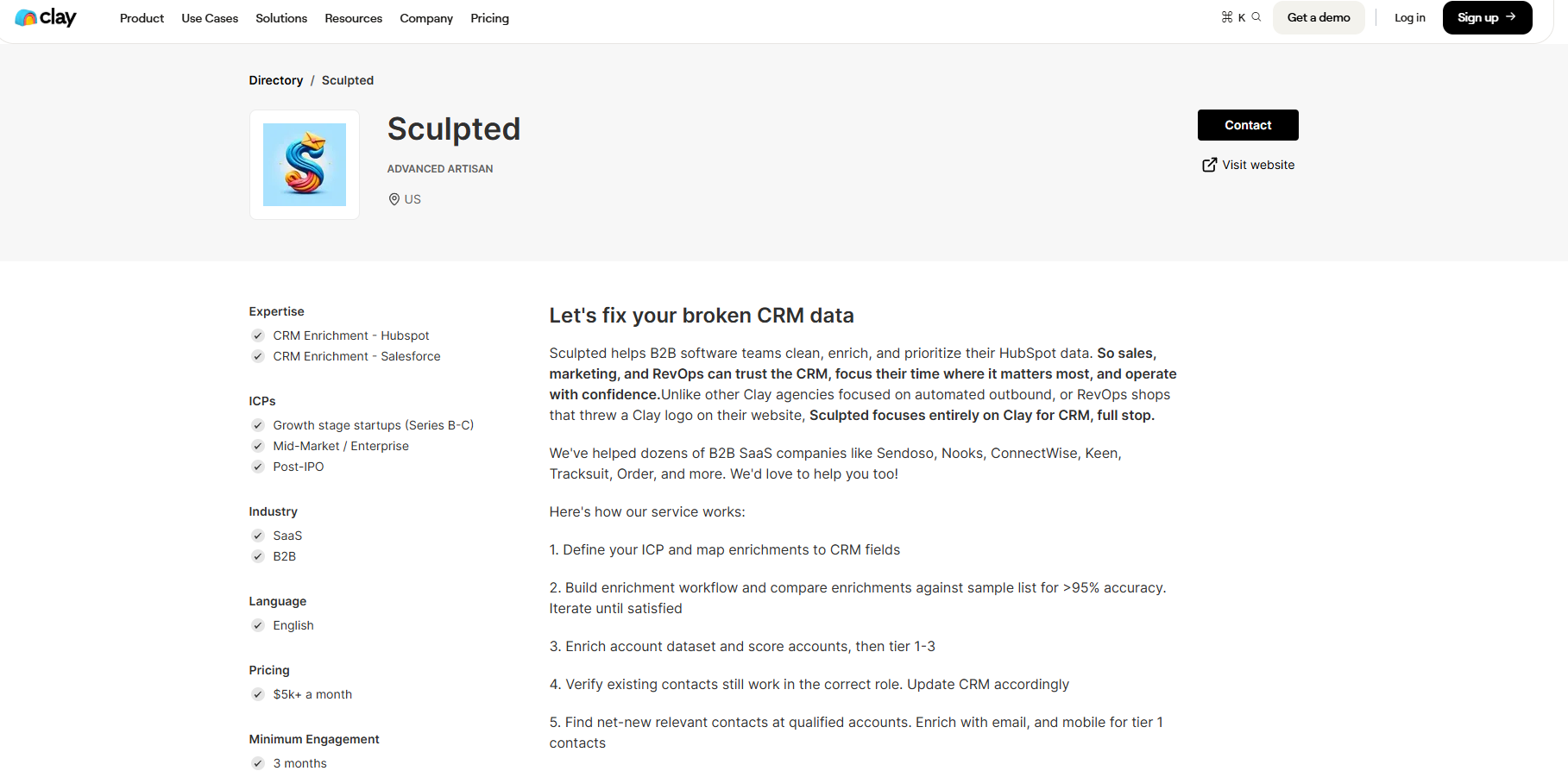 Sculpted Clay partner profile focused on CRM data, one of the best Clay agencies for HubSpot