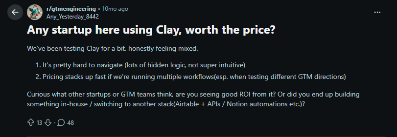 Reddit thread in r/gtmengineering asking whether Clay is worth the price