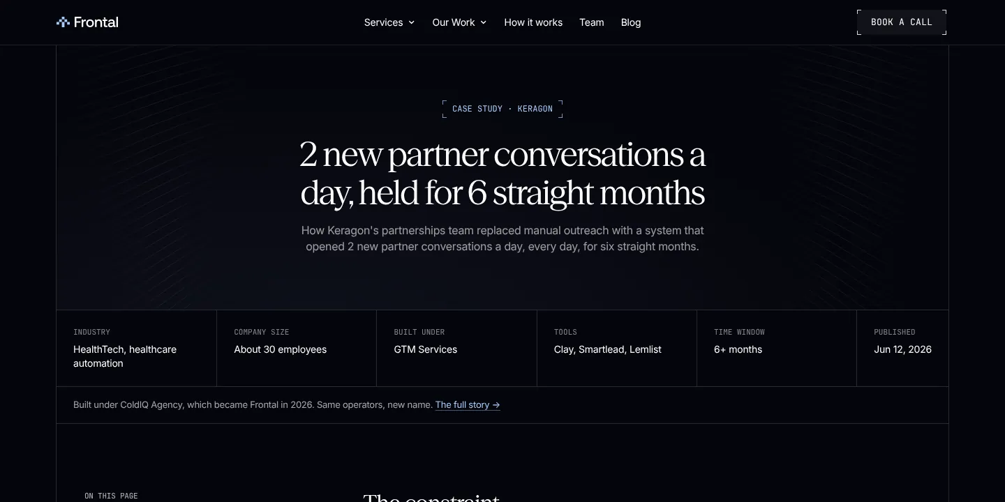 The Keragon case study on frontal.so, showing two new partner conversations a day held for six straight months