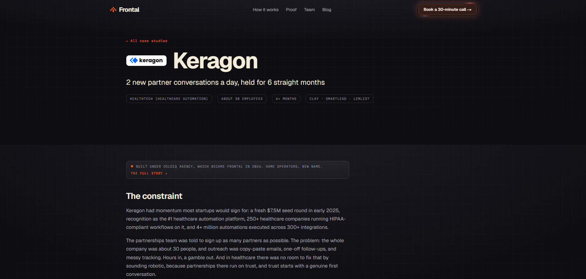 The Keragon case study on frontal.so, showing two new partner conversations a day held for six straight months