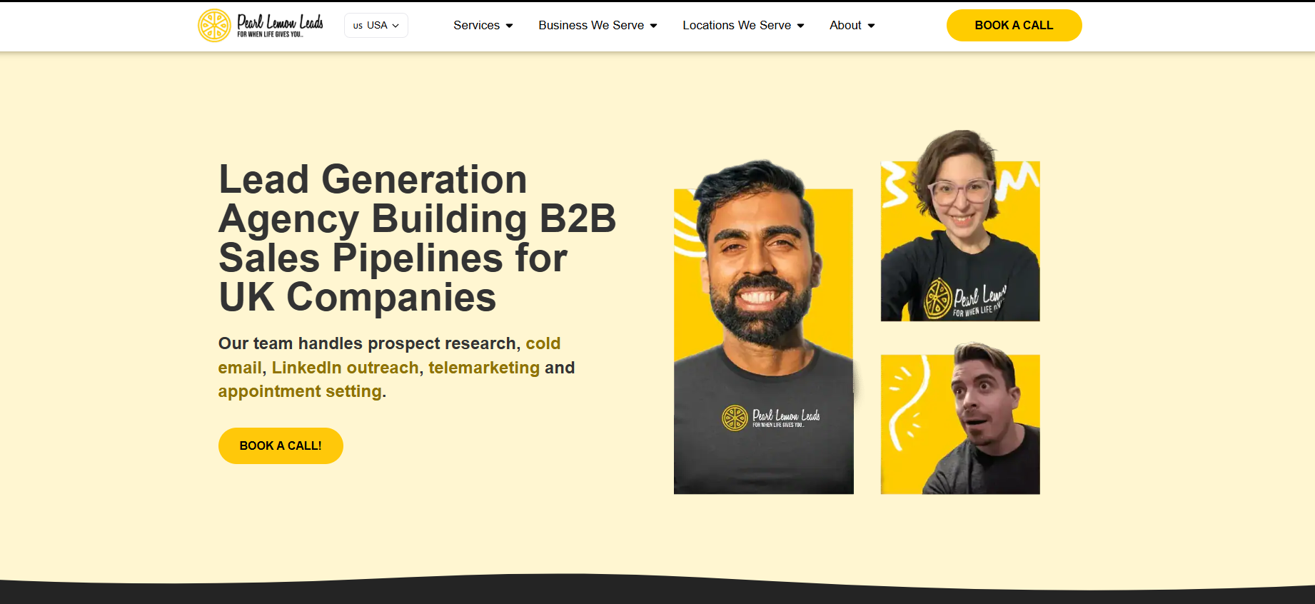 Pearl Lemon Leads homepage, a UK lead generation agency running email, LinkedIn and calling