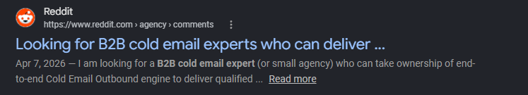 Reddit search result for the r/agency thread looking for B2B cold email experts