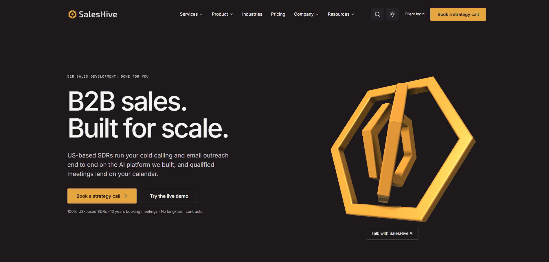 SalesHive homepage, combining cold email, cold calling and SDRs in one B2B program