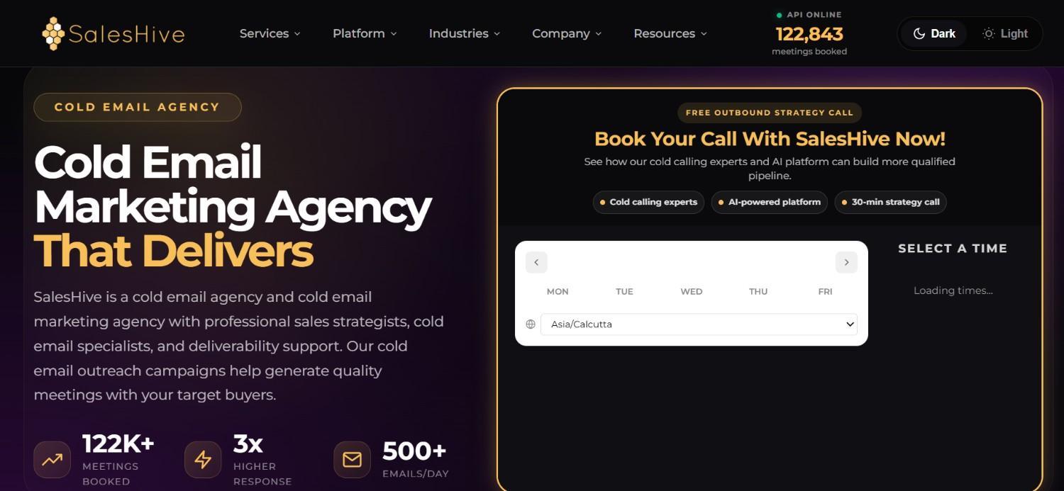 SalesHive cold email marketing agency homepage with booking interface