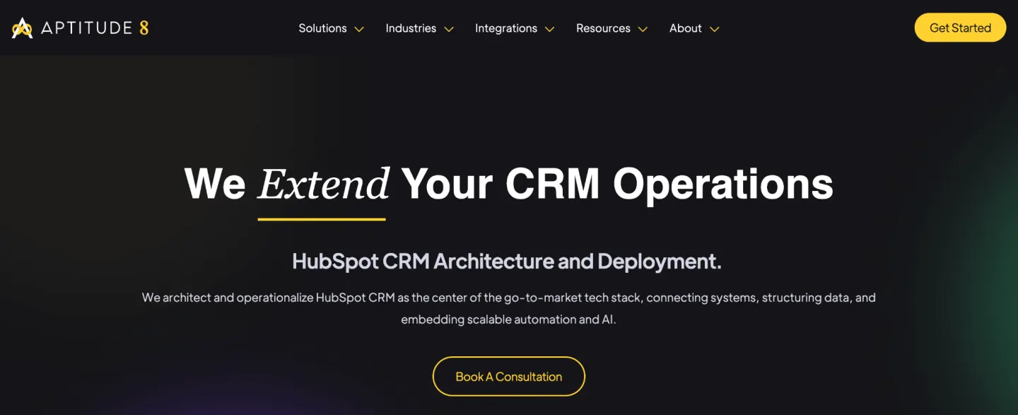 Aptitude 8 homepage, a CRM consultancy for complex HubSpot architecture and custom development