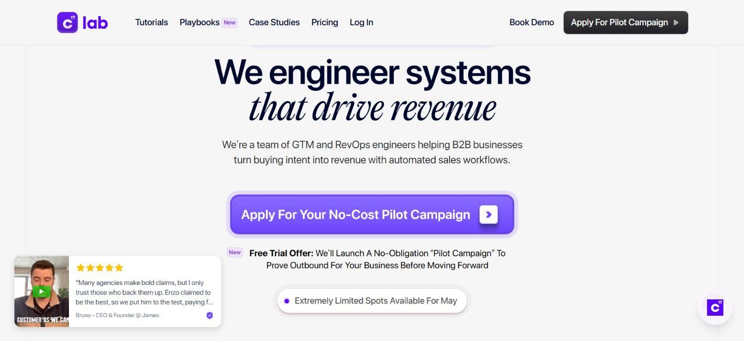 C17 Lab homepage displaying revenue engineering go to market services platform
