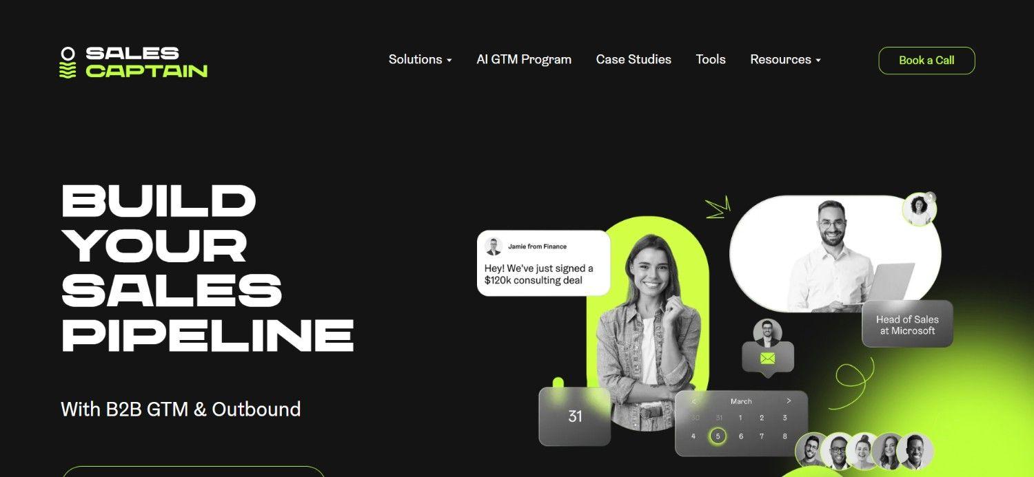 Sales Captain homepage showcasing B2B GTM outbound and sales pipeline builder