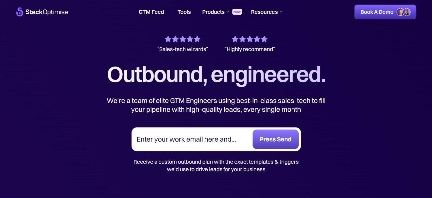 StackOptimise homepage showing outbound engineering go to market services for B2B