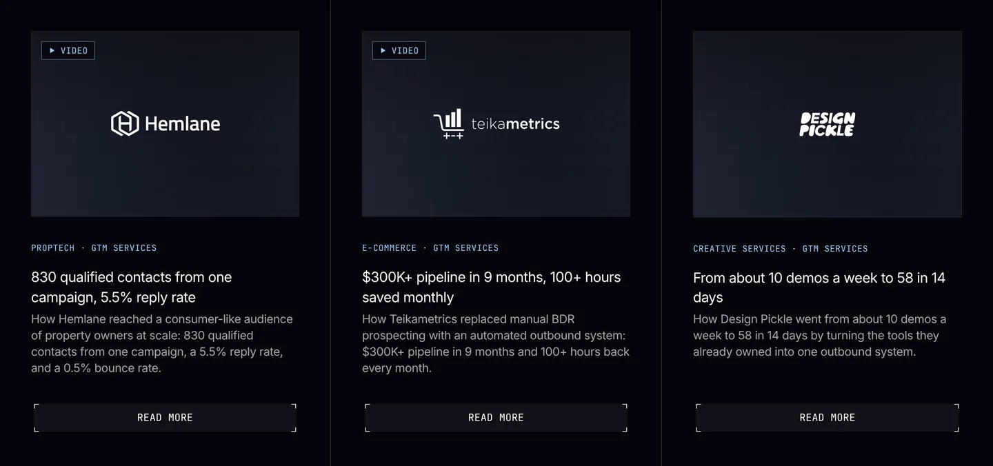 The case studies page on frontal.so, showing client results for Hemlane, Teikametrics and Design Pickle