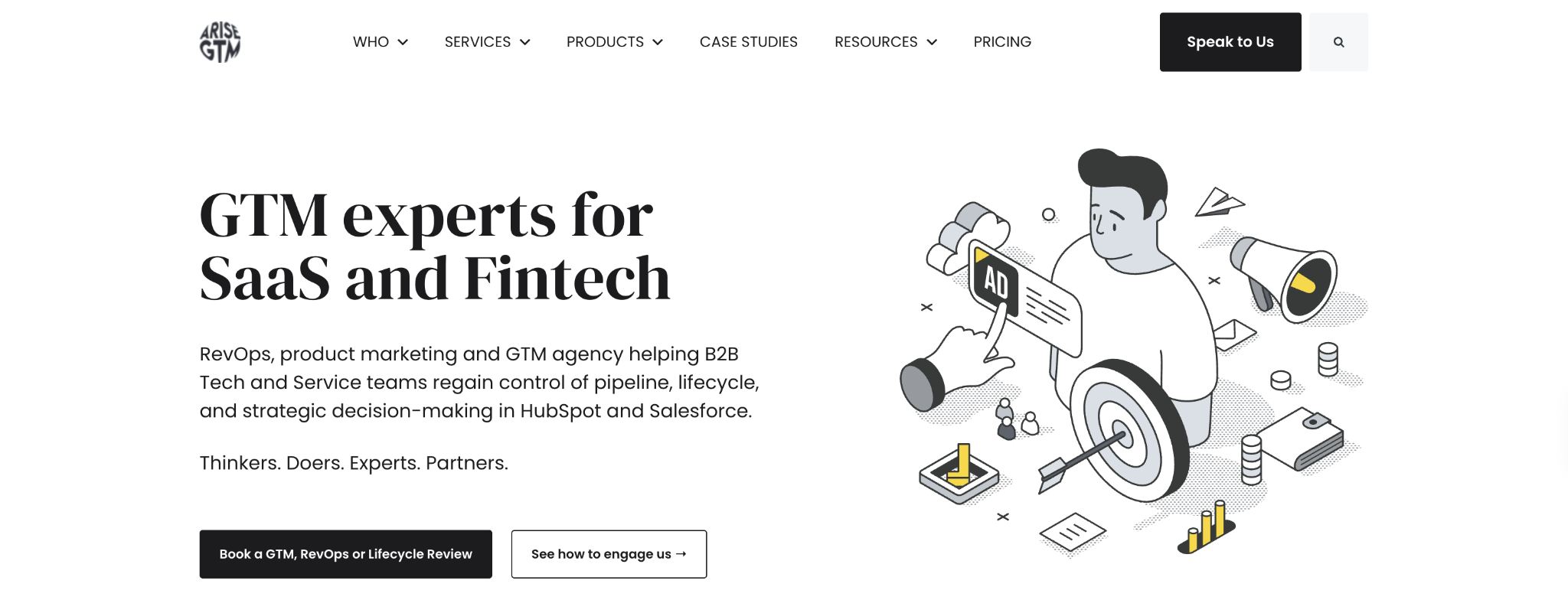 ARISE GTM homepage, a HubSpot-focused GTM consulting and RevOps agency for SaaS and fintech