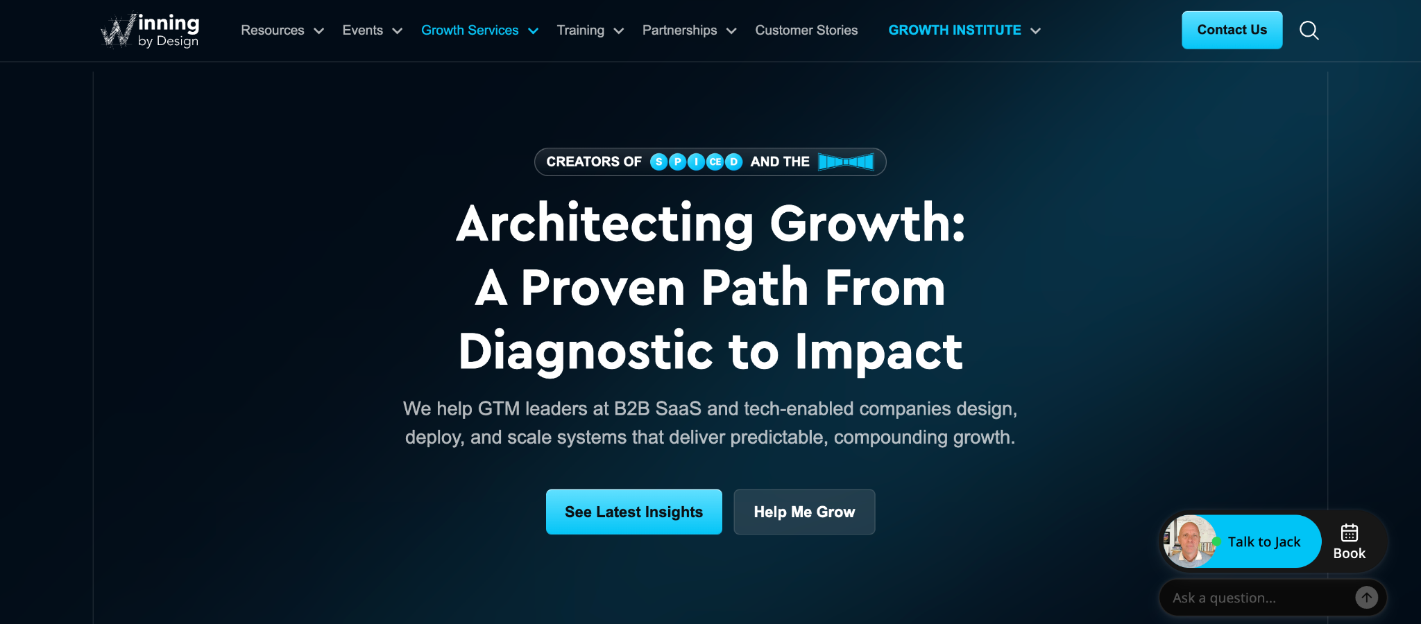 Winning by Design homepage, a GTM consulting firm offering revenue playbooks and training