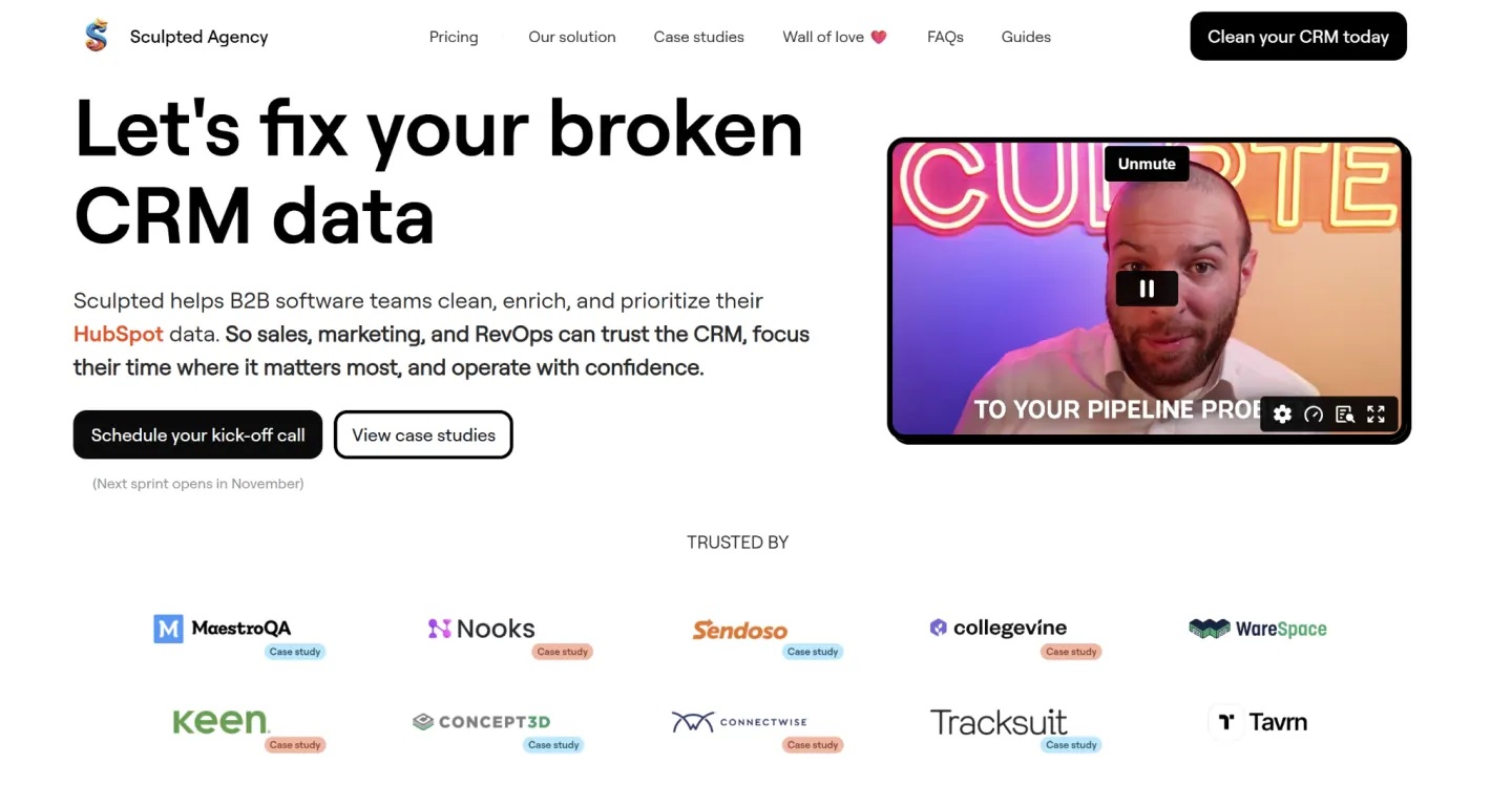 Sculpted homepage, a lead enrichment service for teams fixing broken CRM data
