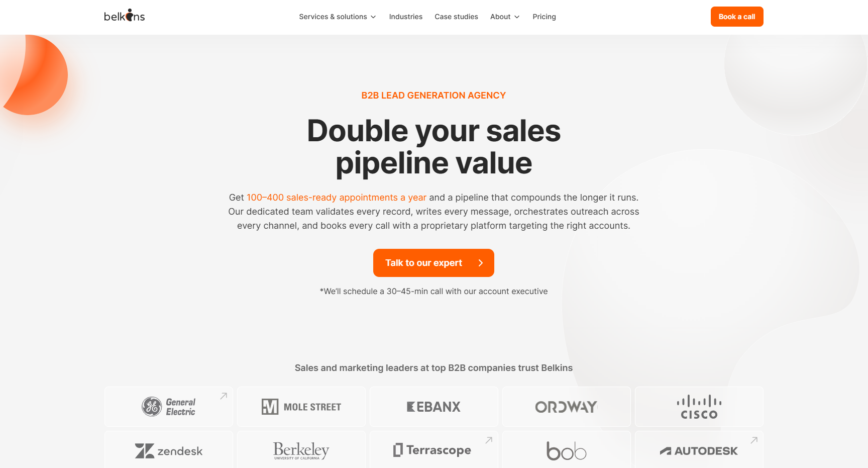 Belkins homepage, a LinkedIn lead generation company running appointment setting across LinkedIn, email, and phone