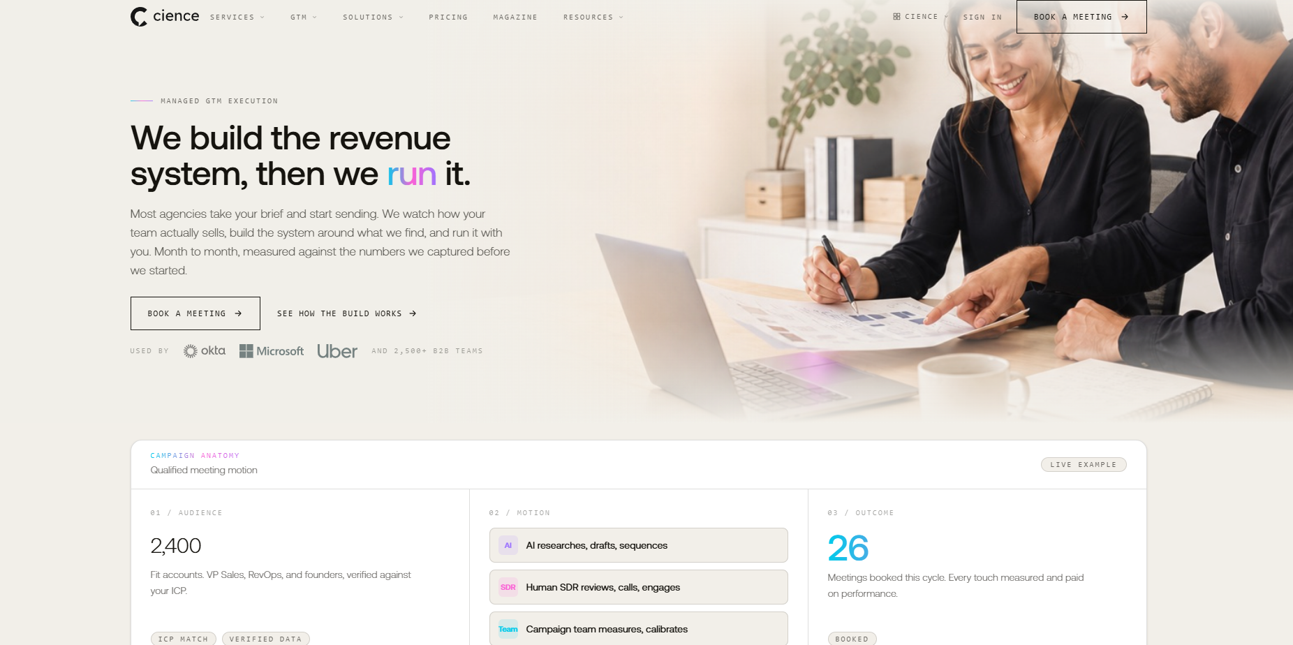 CIENCE homepage, a managed SDR provider running LinkedIn lead generation on its own data platform