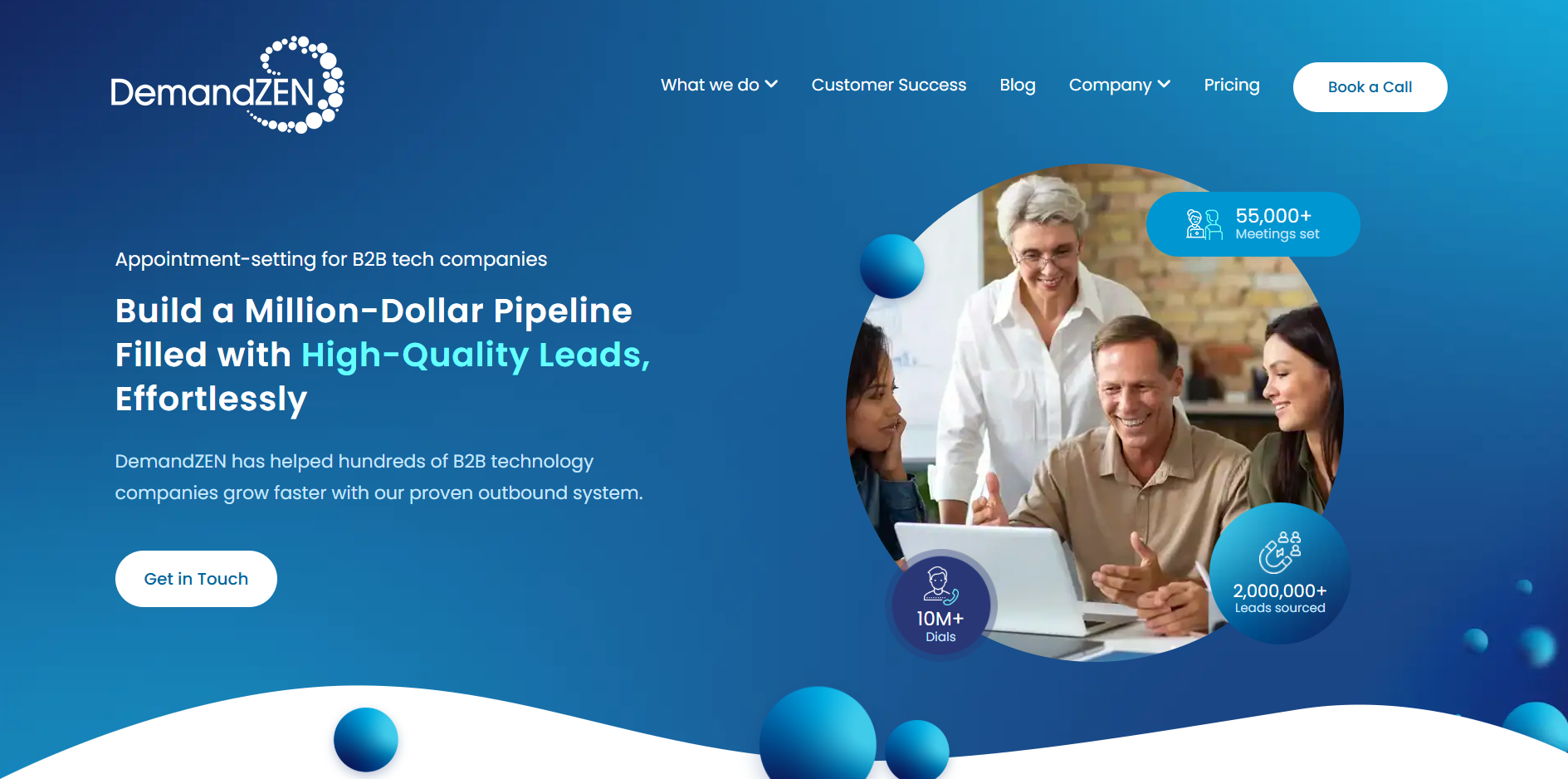 DemandZEN homepage, an appointment setting agency pairing LinkedIn warming with phone outreach