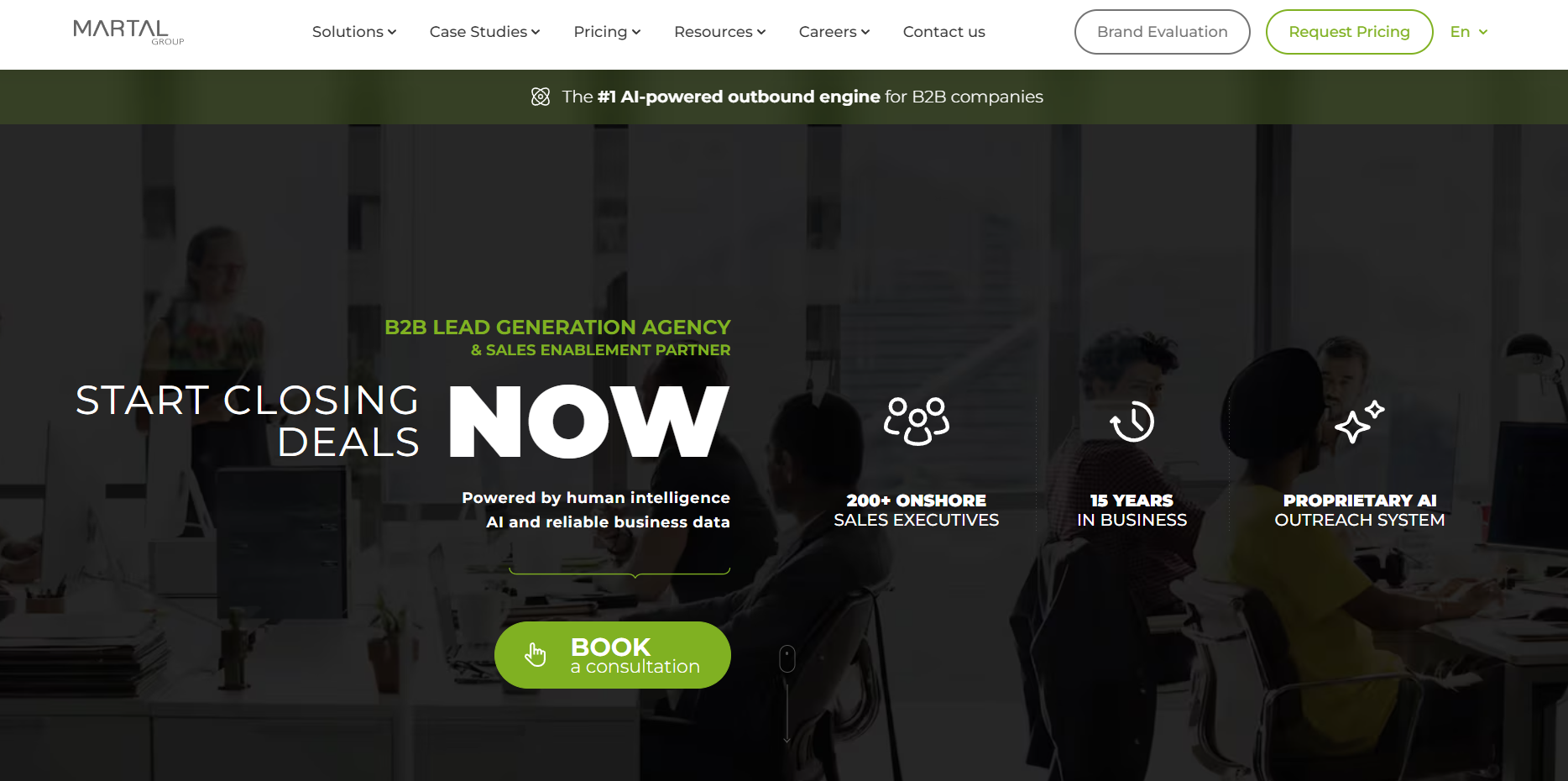 Martal Group homepage, a sales-as-a-service lead generation company with onshore reps