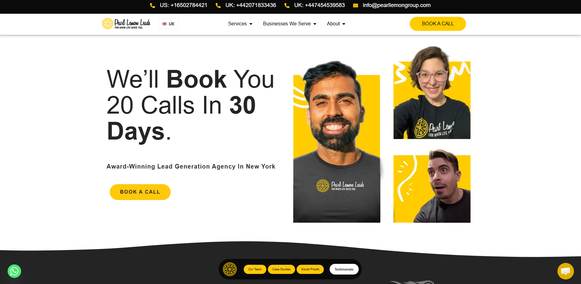 Pearl Lemon Leads homepage, a London lead generation agency running LinkedIn, email, and calling