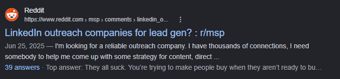 Reddit search result for the r/msp thread asking which LinkedIn outreach companies to use for lead gen