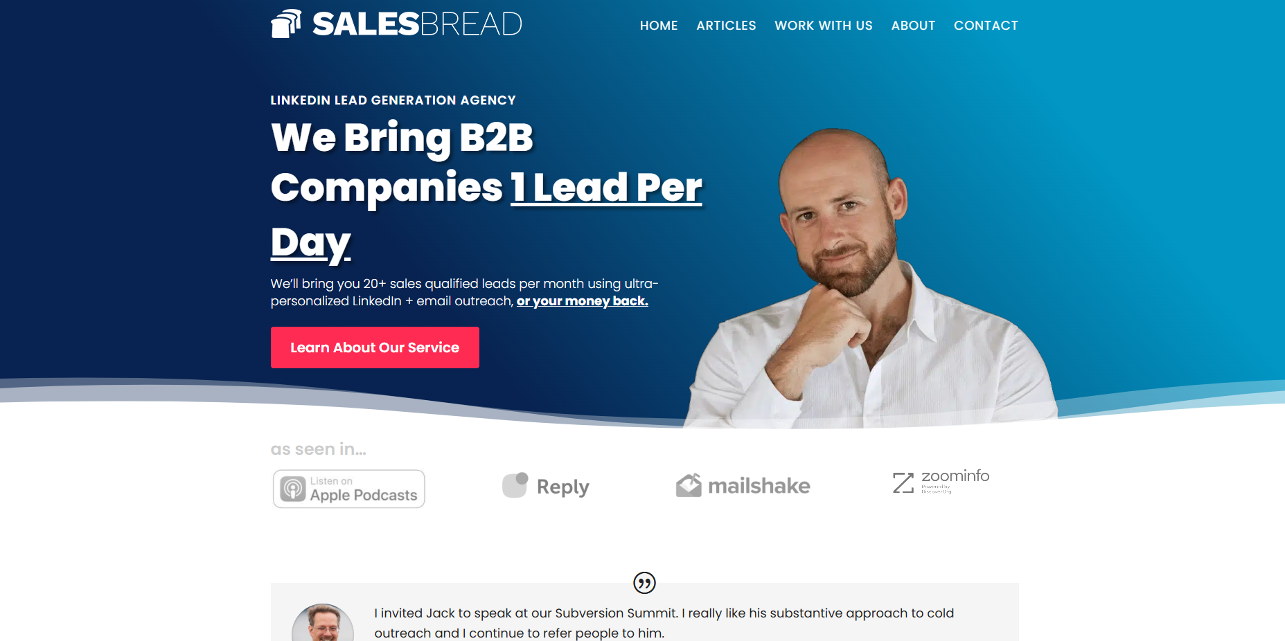 SalesBread homepage, a boutique LinkedIn lead generation agency built on manual research