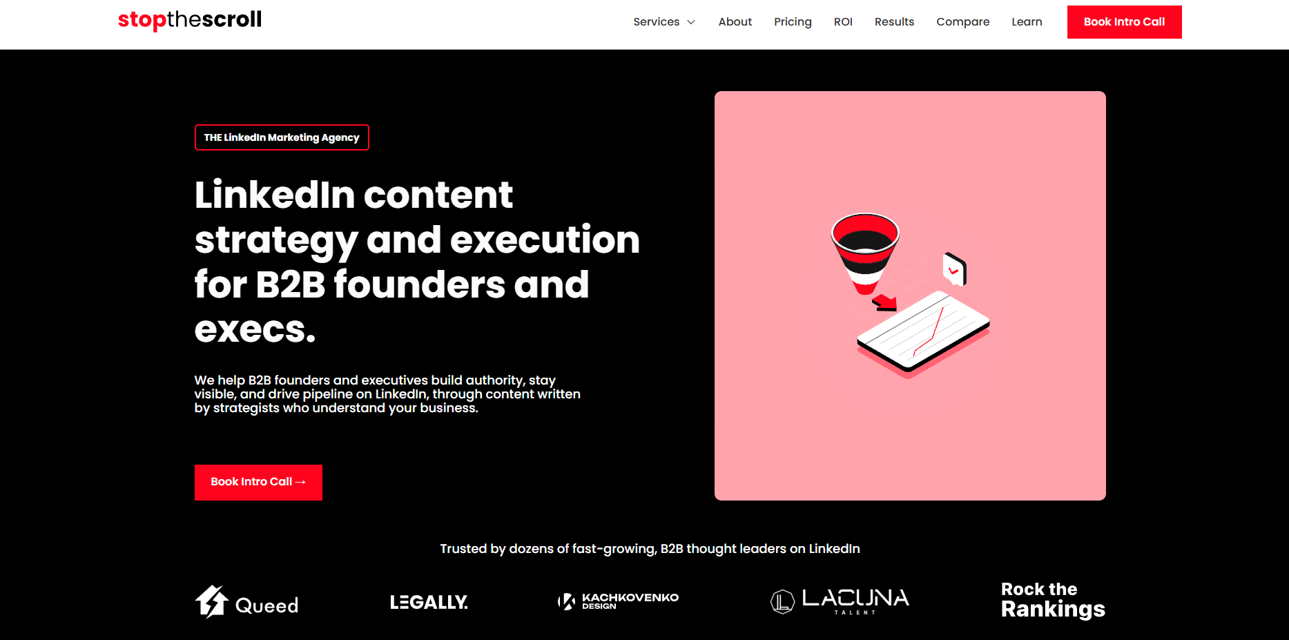 Stop The Scroll homepage, a LinkedIn content agency for B2B founders and executives