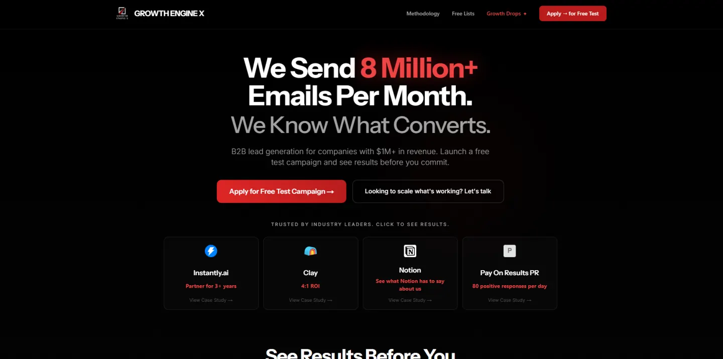 Growth Engine X homepage, a Clay Elite Studio partner running cold email at high volume