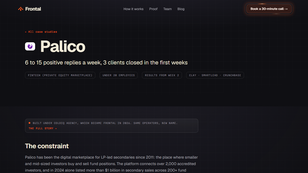 The Palico case study on frontal.so, showing 6 to 15 positive replies a week and 3 clients closed in the first weeks