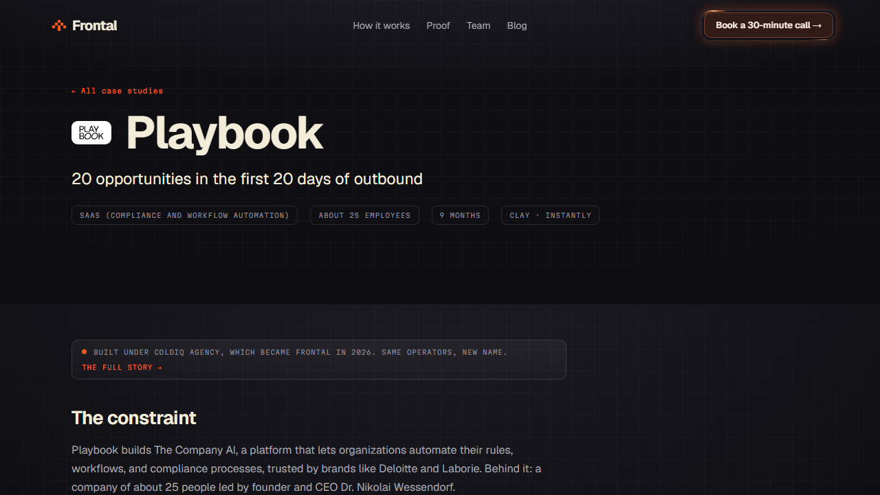 The Playbook case study on frontal.so, showing 0 to 20 opportunities created in the first 20 days of outbound