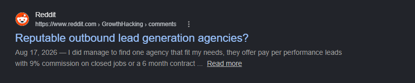Reddit search result asking for reputable outbound lead generation agencies