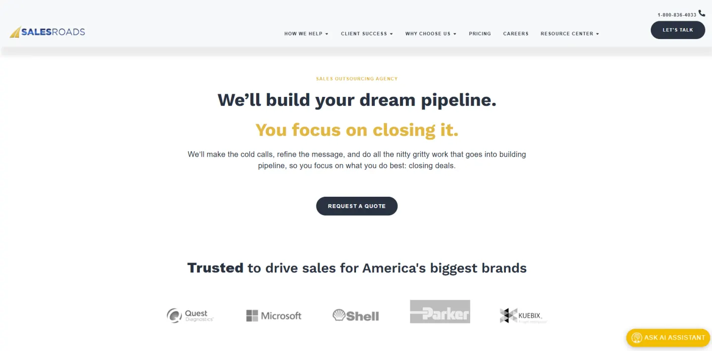 SalesRoads homepage, a phone-led outbound agency with US-based SDRs