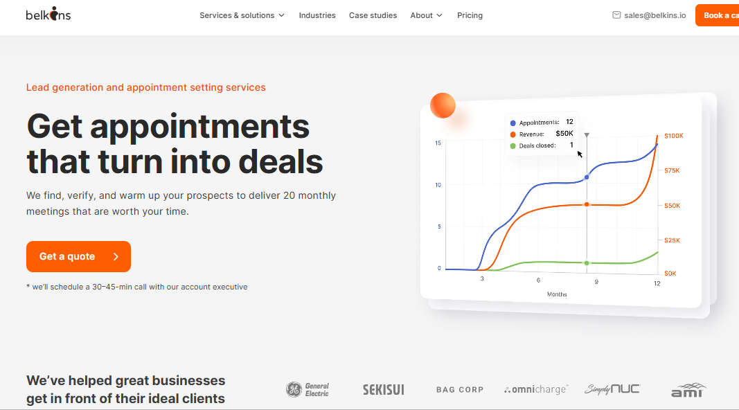 The Belkins appointment setting page, offering 20 monthly meetings through its lead generation service