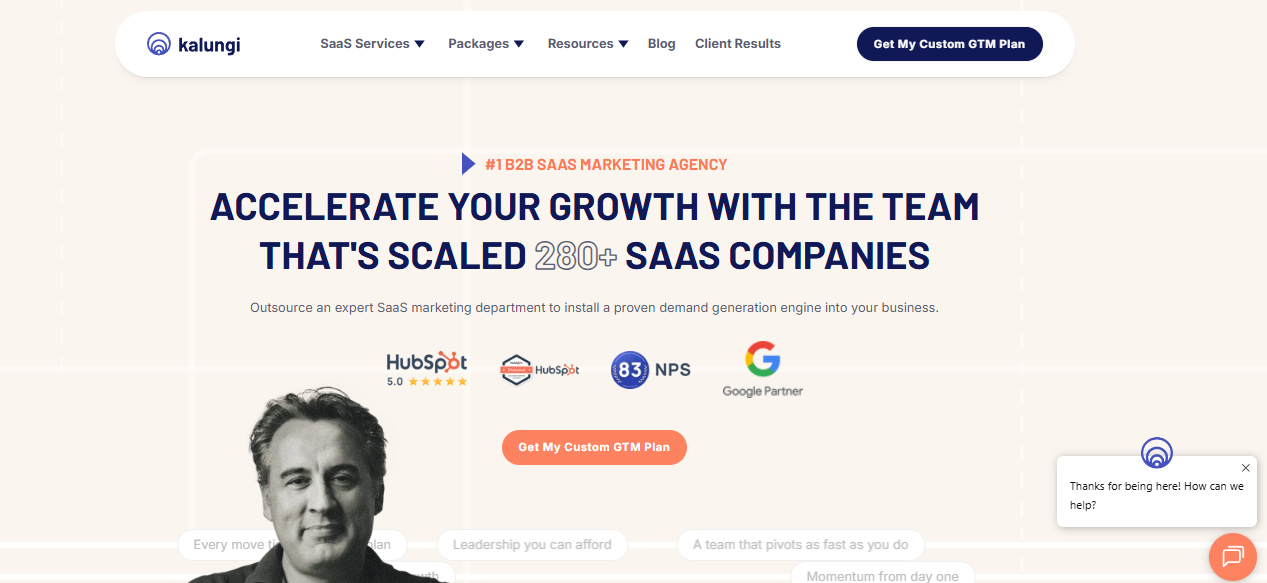 Kalungi homepage, a full B2B SaaS marketing department built on the T2D3 method