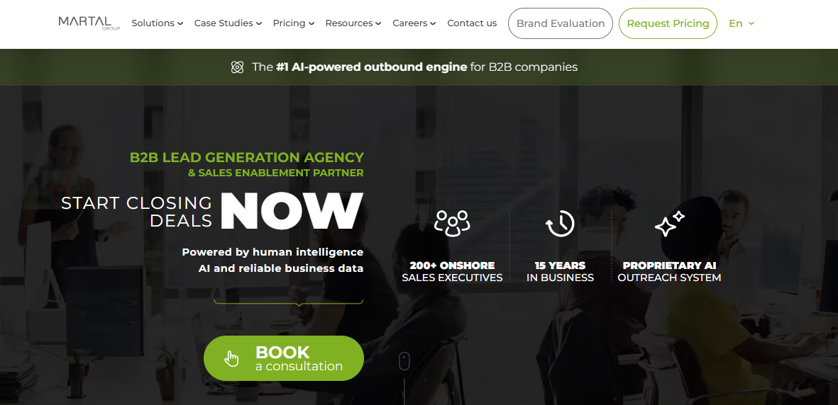 Martal Group homepage, a B2B lead generation agency with onshore sales executives