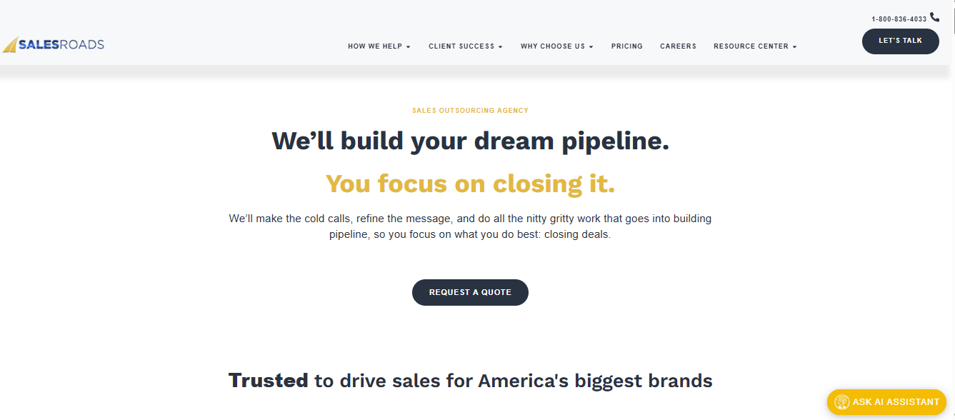 SalesRoads homepage, a sales outsourcing agency building dedicated SDR pods