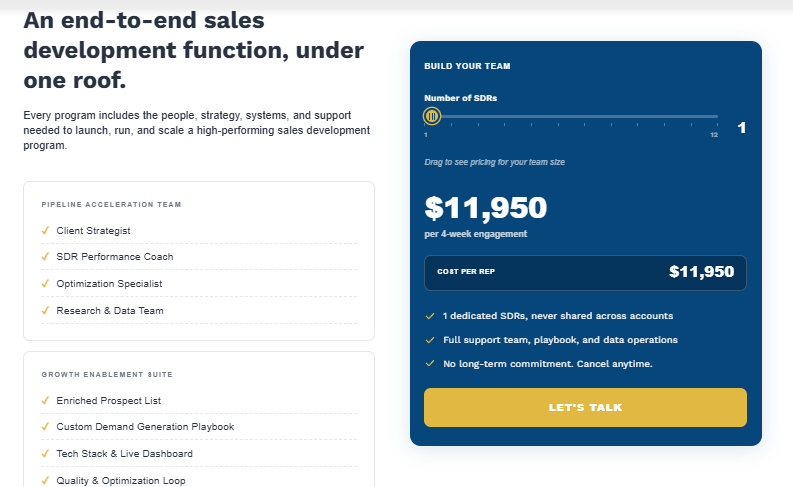 The SalesRoads pricing page, showing $11,950 per 4-week engagement for one dedicated SDR