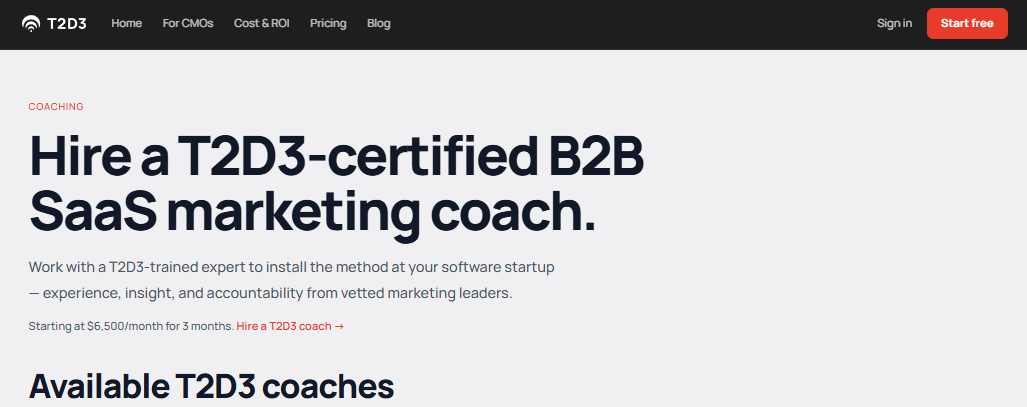 The T2D3 coaching page, showing a starting price of $6,500 a month for three months