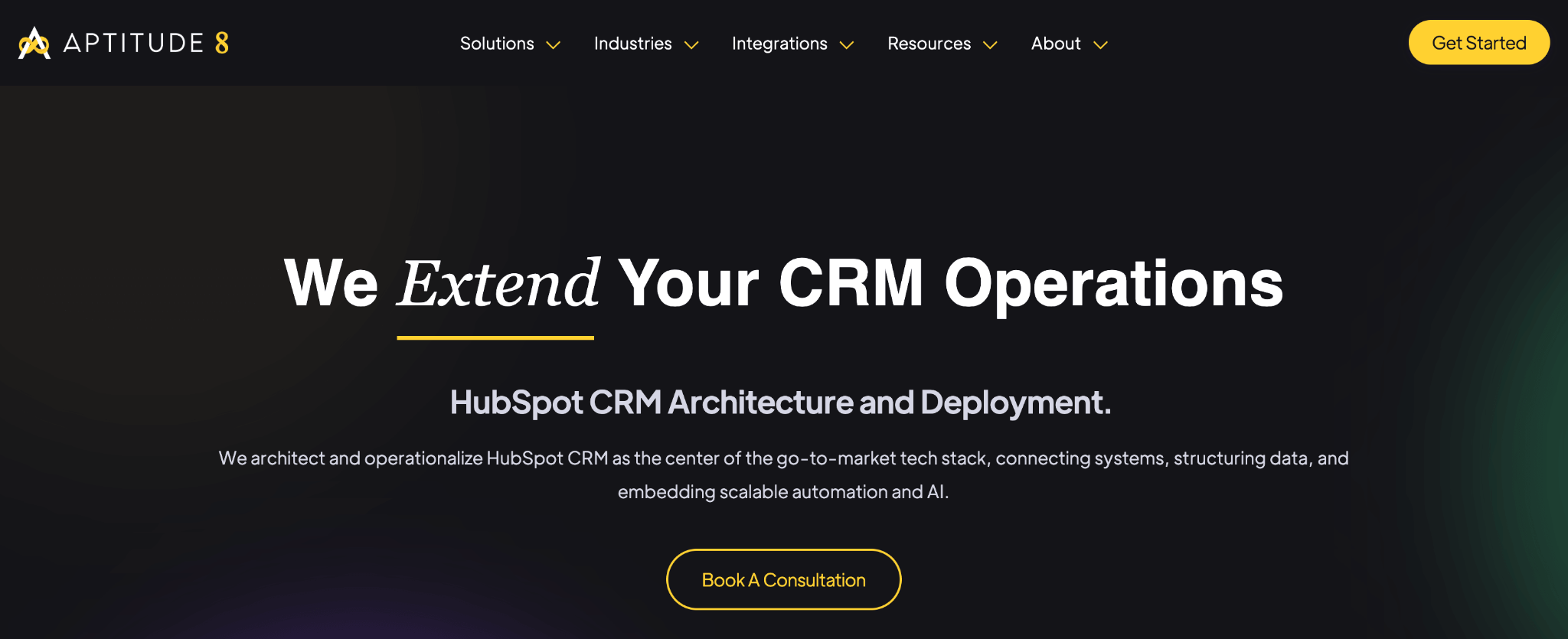 Aptitude 8 homepage, a HubSpot CRM implementation partner for enterprise teams with custom engineering needs
